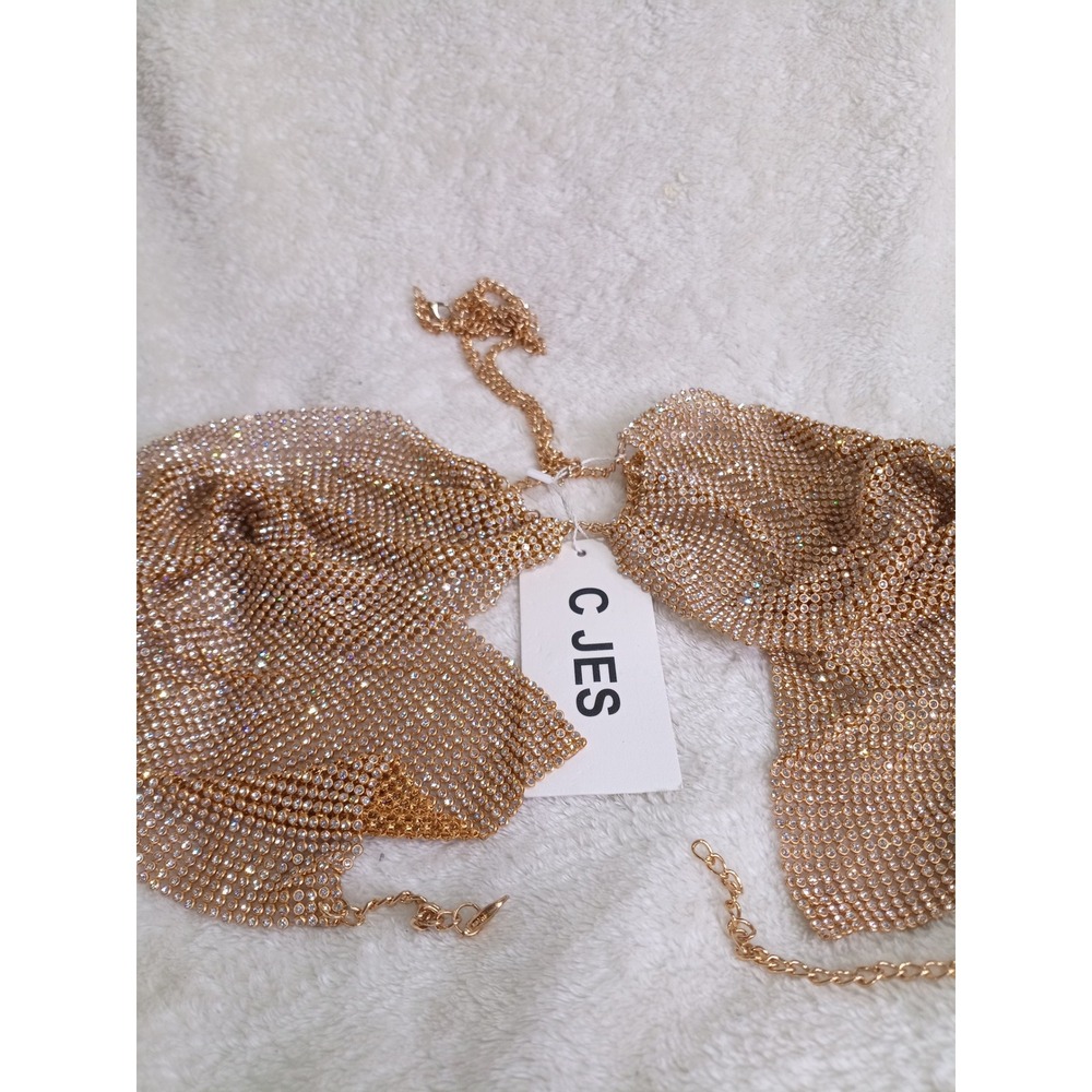CJES Gold Rhinestone Mesh Halter Bra Top Crystal Festival Rave Party Top (147) - Picture 9 of 9